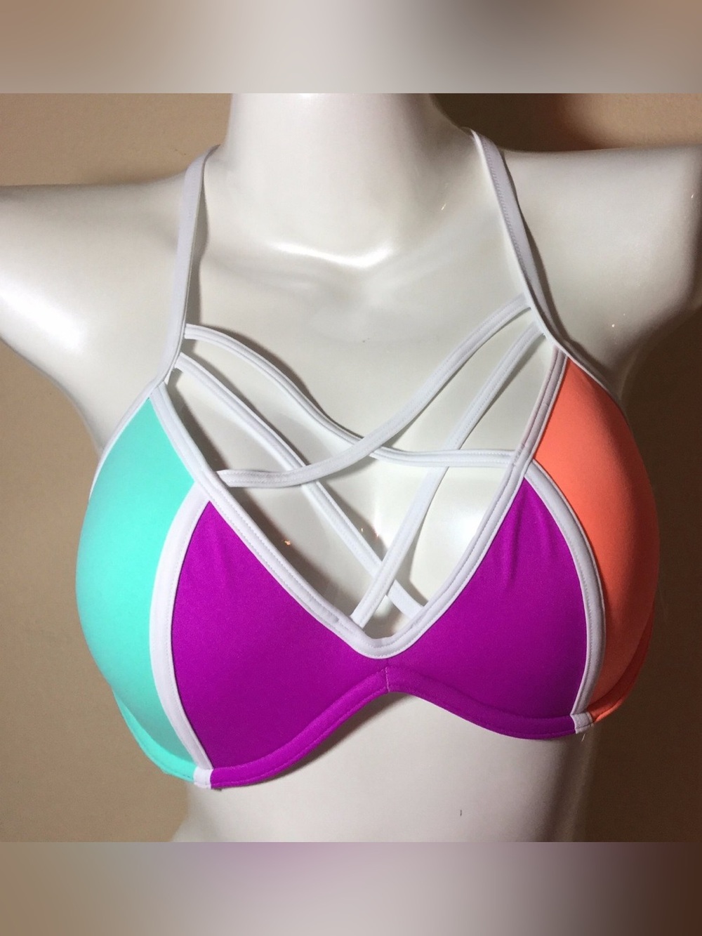 PINK Victoria's Secret Colorblock Push-Up Bra in Coral, Teal & Purple